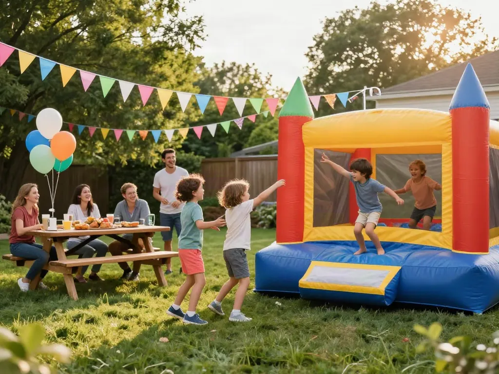 Kids enjoying a bounce house at a lively backyard party filled with laughter and decorations.