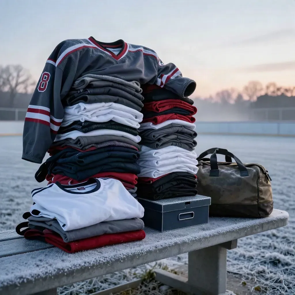 Stack of custom team jerseys, warmup top, tee and kit box on a frosty rink bench at dawn.