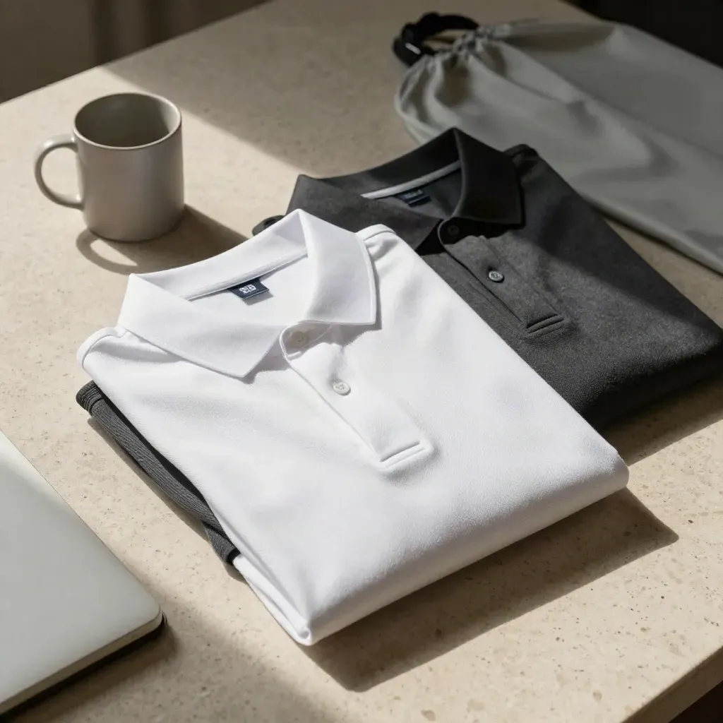 Folded white and charcoal corporate polos with office accessories on pale travertine.