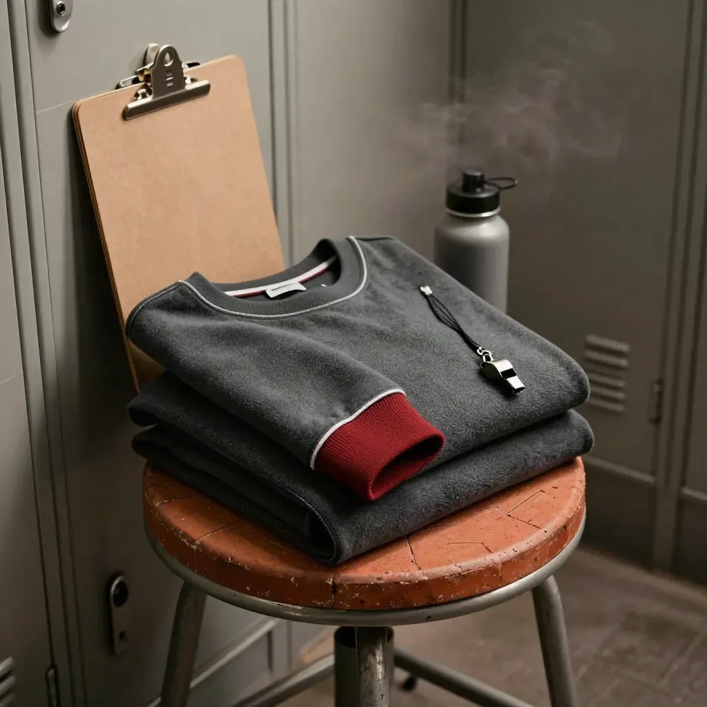 Folded charcoal coach crewneck sweatshirt on a locker-room stool with coach gear in soft steam.