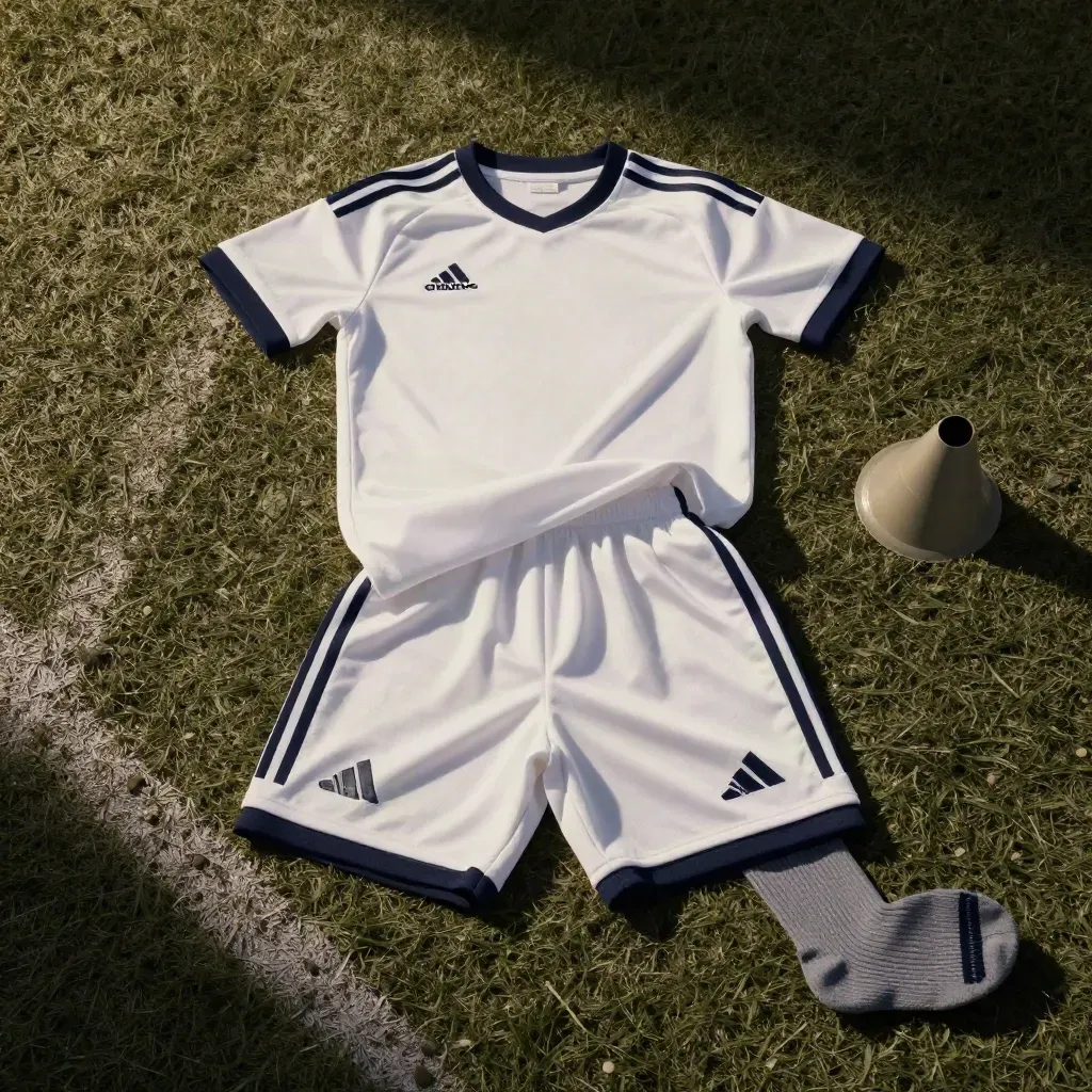 Youth soccer jersey set on pale turf, sleeves lifting, with shorts and socks
