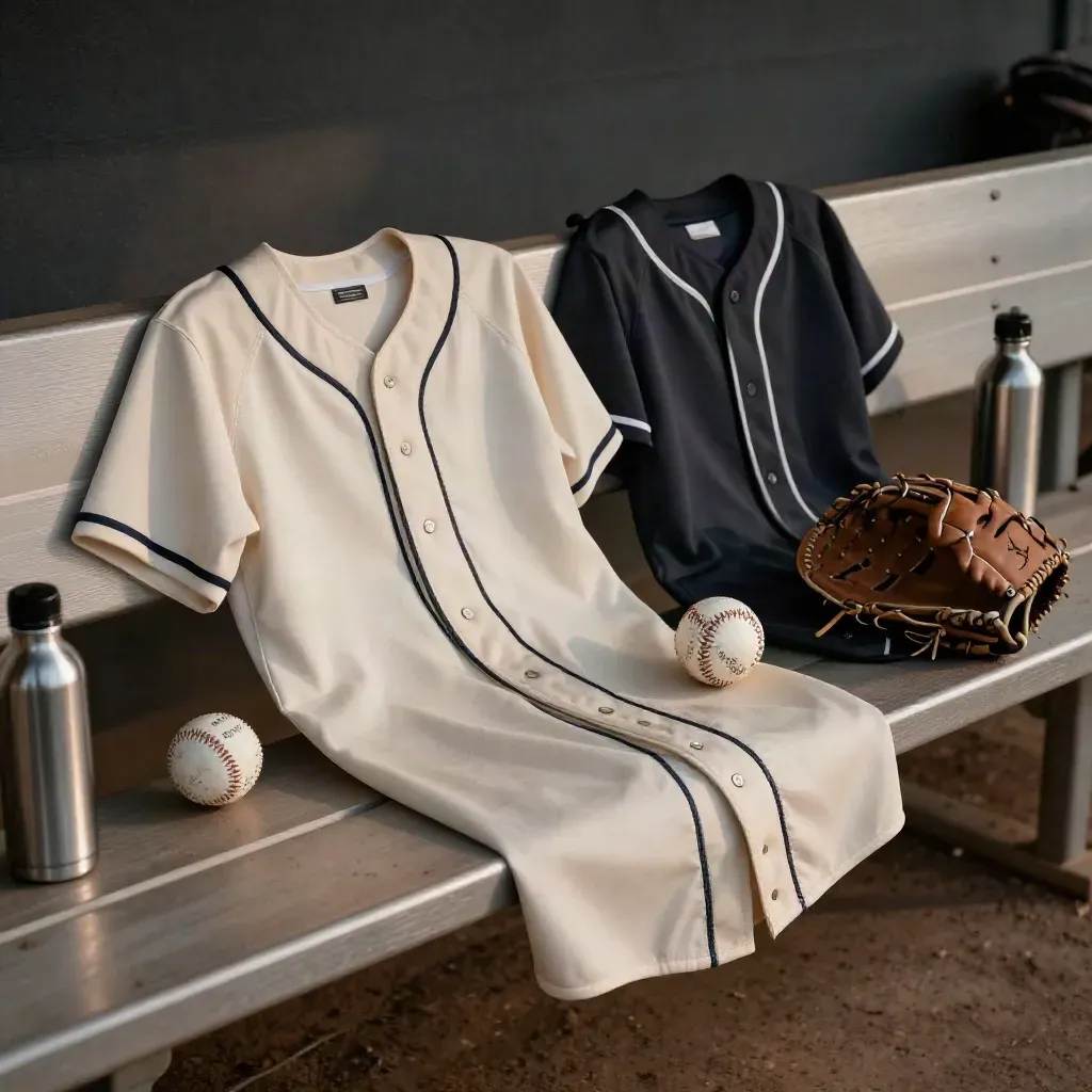 Softball shirts draped on a bench with glove, ball and water bottle
