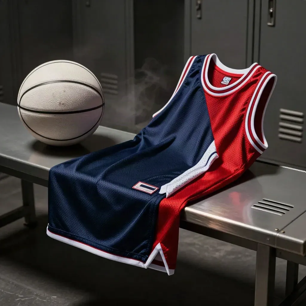 Two reversible basketball bibs on a locker bench with a ball and mesh bag