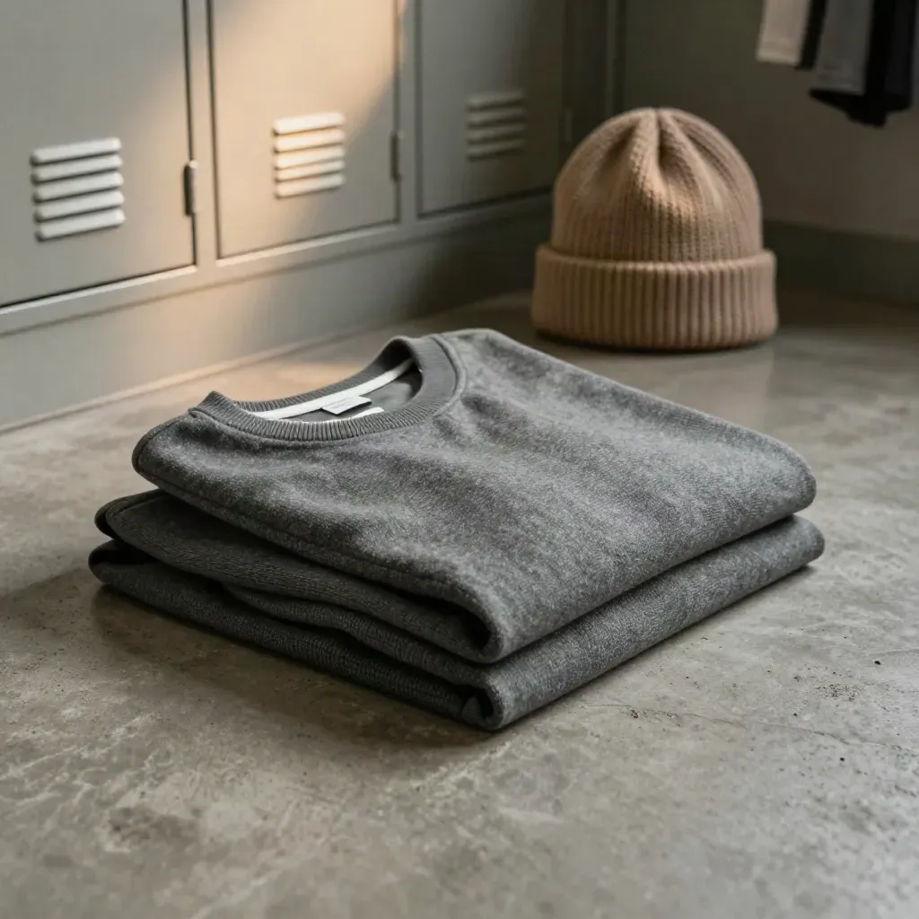 Charcoal school club crewneck folded on concrete with beanie, locker-room backdrop.