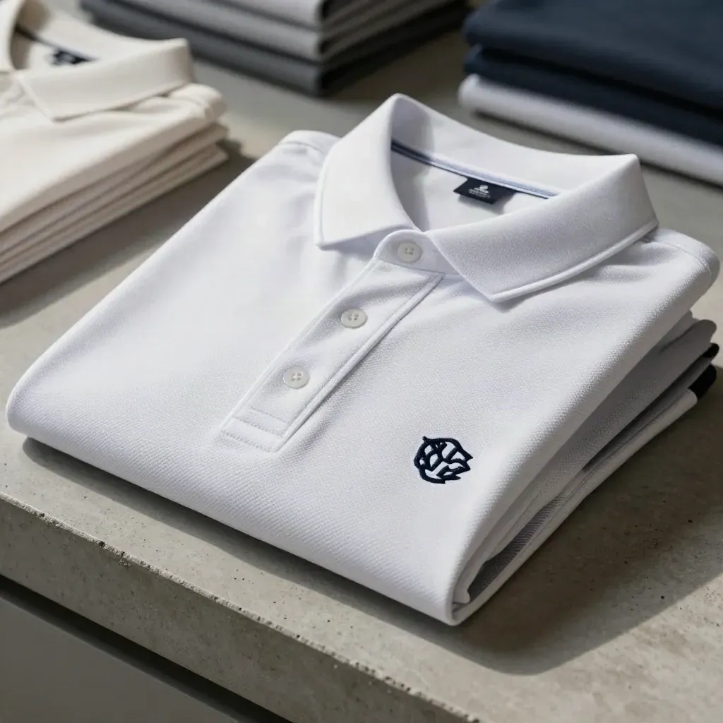 Macro of stacked white and charcoal polo shirts with crisp collars beside a garment folder.