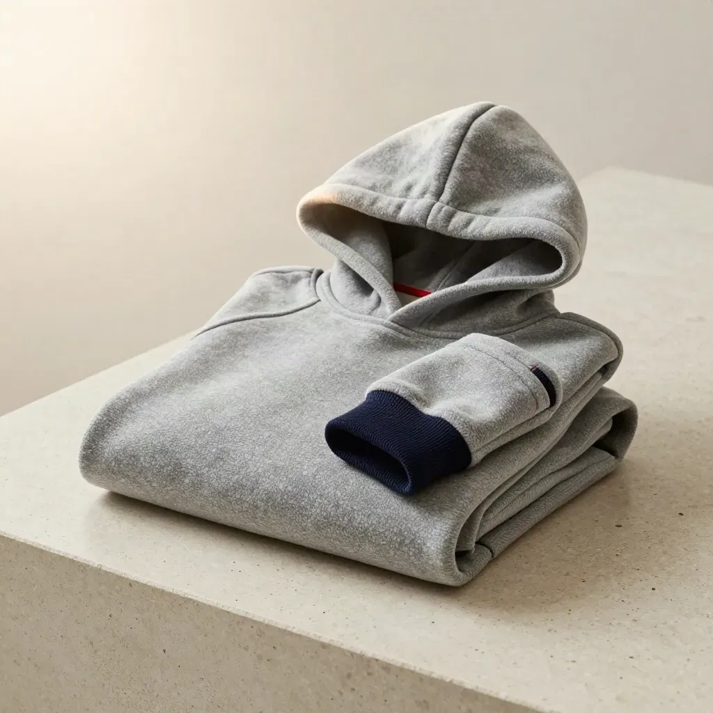 Folded grey youth sports hoodie with navy ribbing and a jogger cuff on a stone plinth.