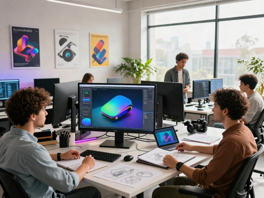 Desainer di studio kreatif bekerja pada mockup cermin4d dengan pencahayaan modern.